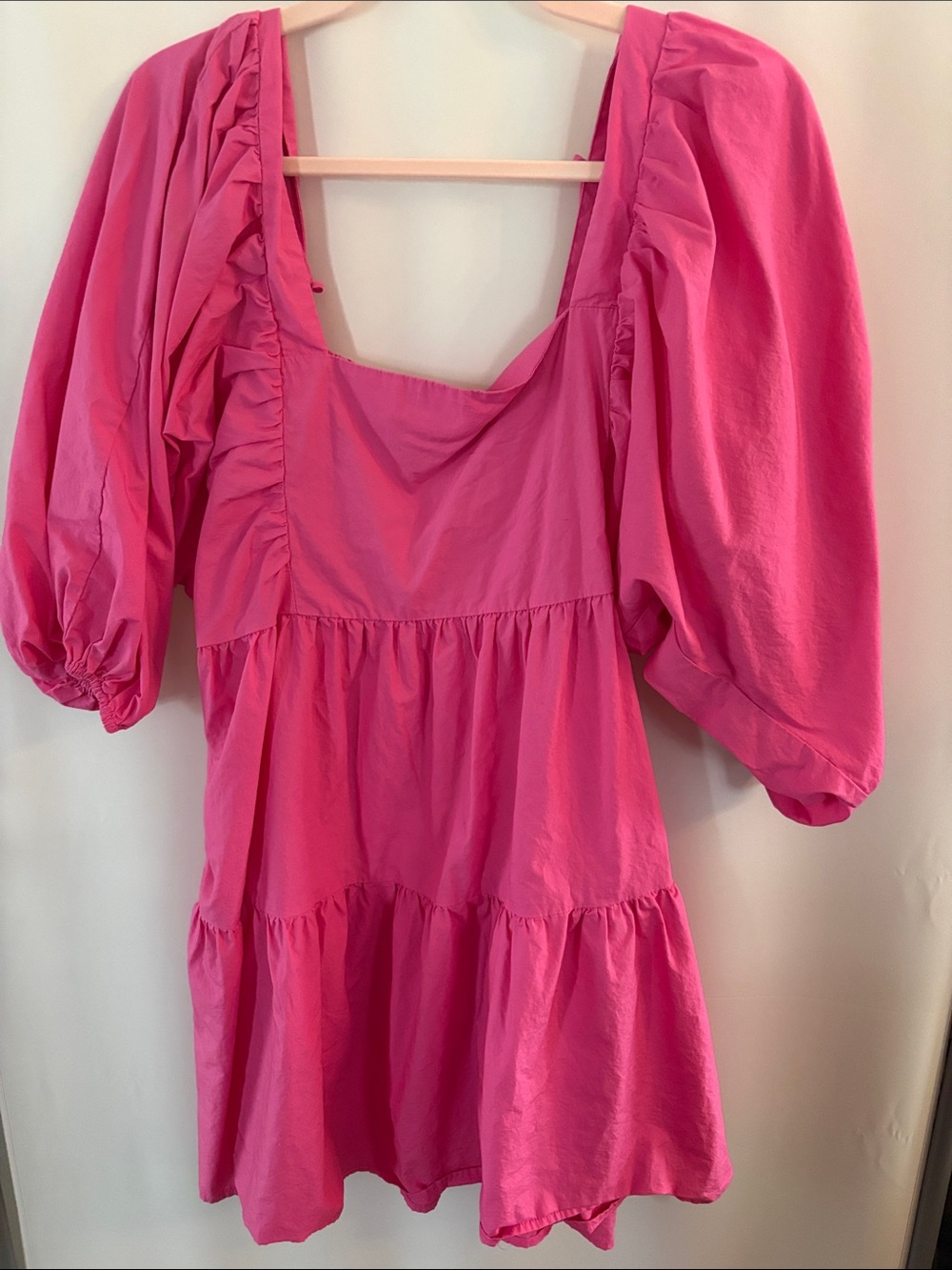 Hot Pink Puff Sleeve Tiered Mini Dress